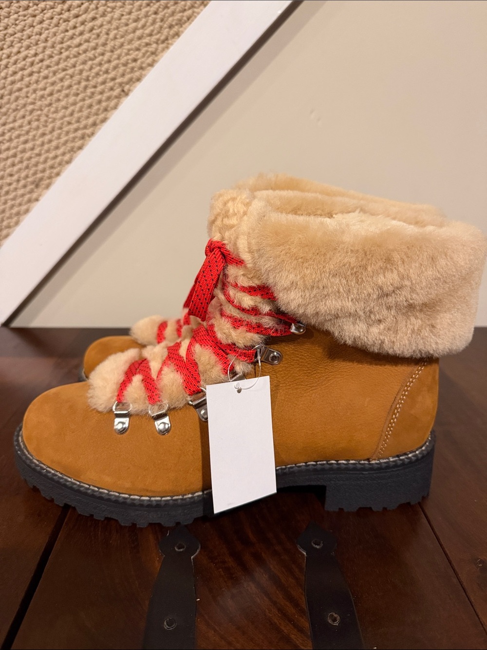 J.Crew NWOT Nordic Shearling Tan Suede Hiking Boot with Red Laces